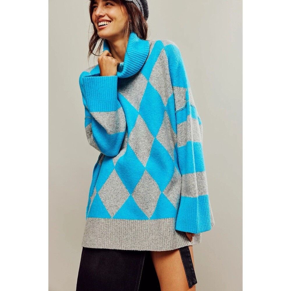 Free People Sweater Women Blue Diamond Oversized Harley Turtleneck Top Sz L New